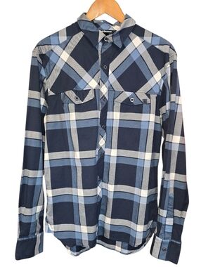 Black Diamond Plaid Button Down Shirt Organic Cotton Stretch Blue Size Medium